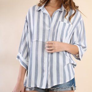Umgee Striped Button Up Oversized Hi Low Top Sz M